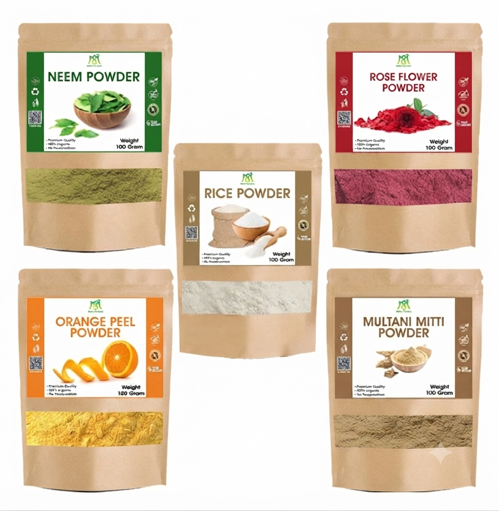 Skin Care Powder Pack of 5 | Orange Peel, Neem, Rose, Multani Mitti & Rice Powder