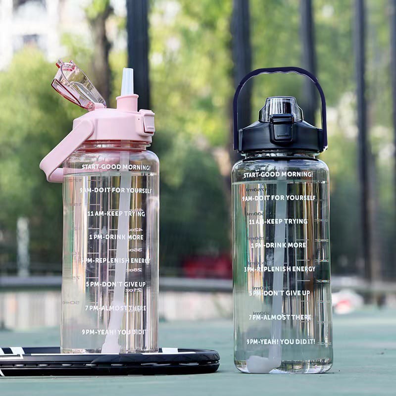 2 Liter Transparent Motivational Water Bottle Bpa Free With Time Markers Straw And Handle Leakproof Plastic Water Bottle For Fitness Running Sports And Outdoor Activities Multicolor Design Option