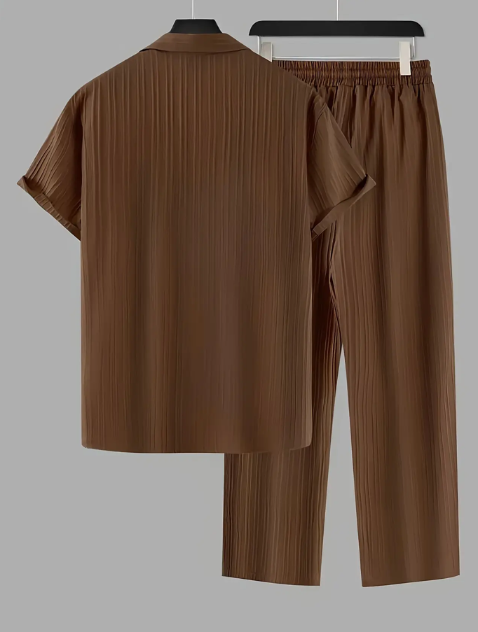 Deals Swag|Men Textured Co-Ord Set Short Sleeve Shirt and Trouser Summer Outfit Casual Two Piece Matching Set