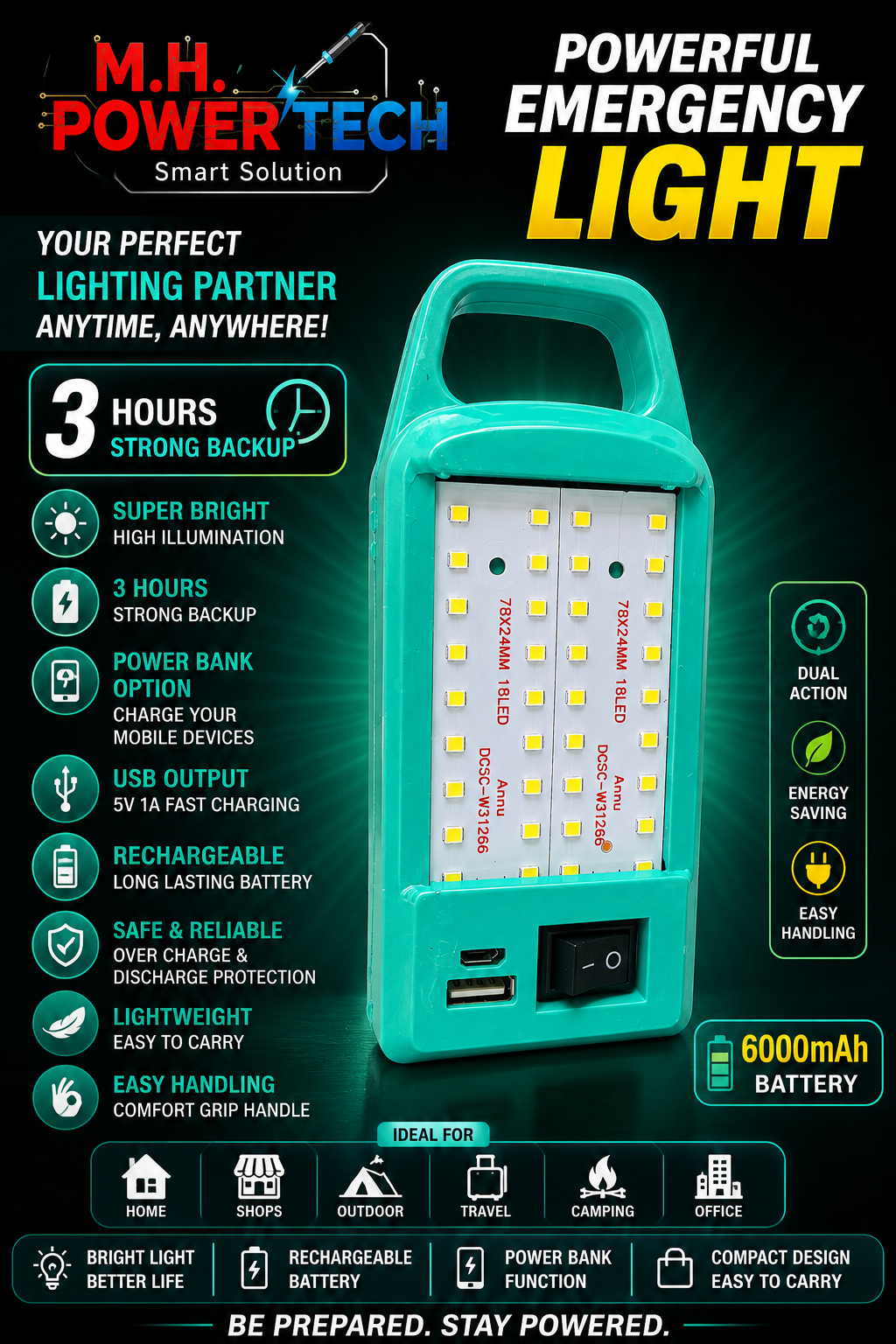 Rechargeable Emergency Light 6000mAh | Mobile Charging Support | Automatic Full Charging | Easy Carry | MH Power Tech