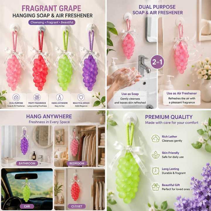Grape Shaped Fragrant Soap & Air Freshener | Hanging Bathroom Car Closet Freshener | Dual Purpose Scented Decor | Random Colors
