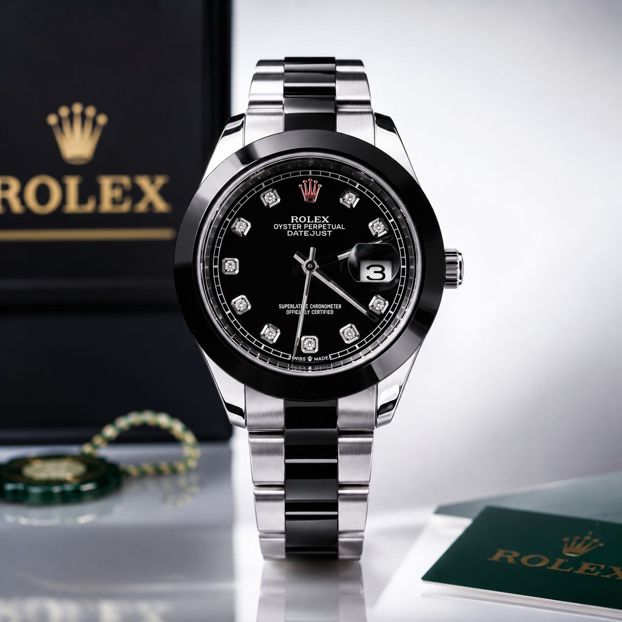 Rolex Style Black Dial Stainless Steel Men's Watch | Premium Silver & Black Metal Strap | Luxury Analog Quartz Wrist Watch | Elegant Business & Casual Watch for Men