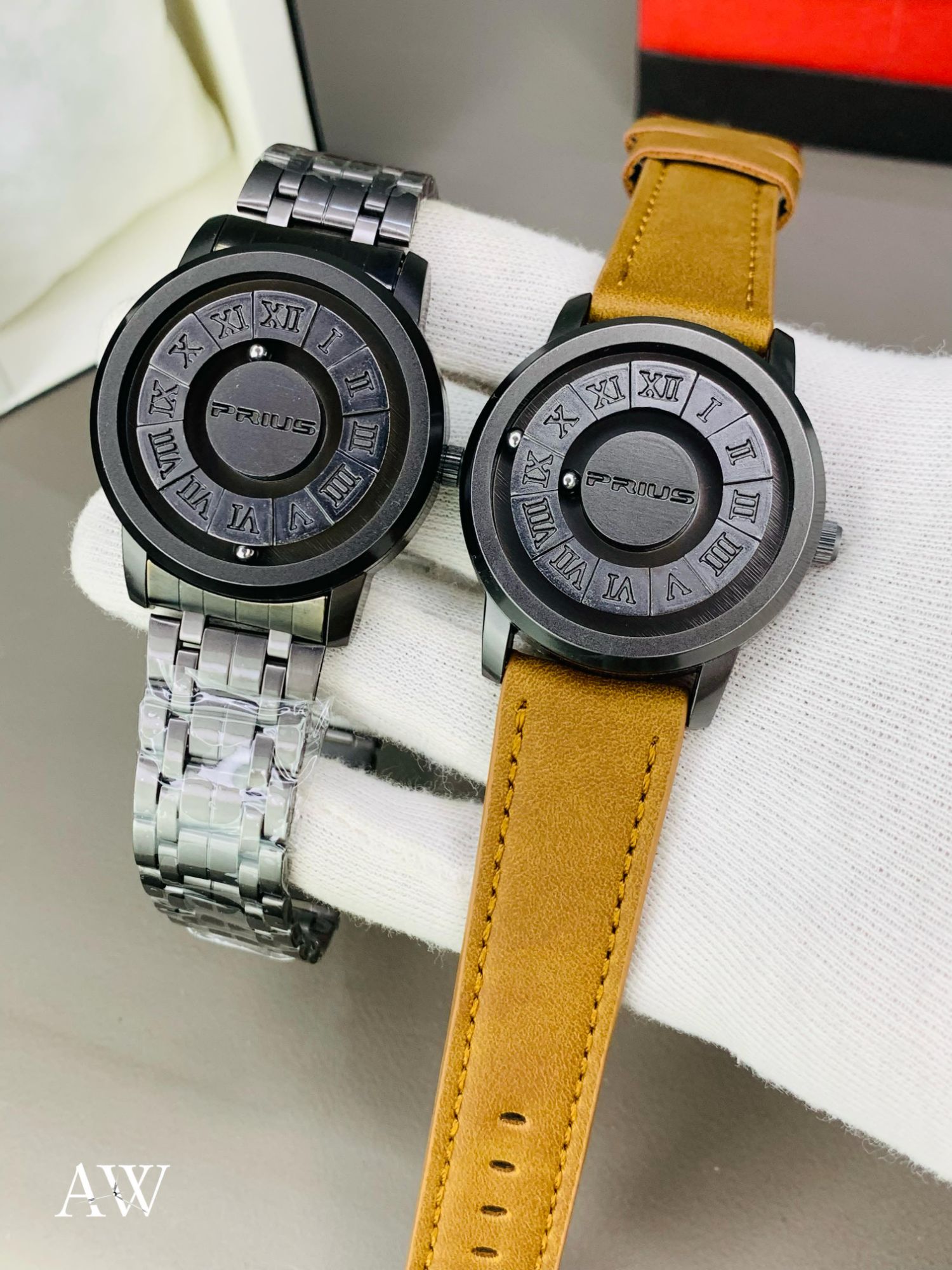 Trend Concept Magnetic Ball Watch Floating Pointer Mirror-less Dial Quartz Analog Watch for Boys/Men Roman Numeral Dial Waterproof Watch Leather Strap