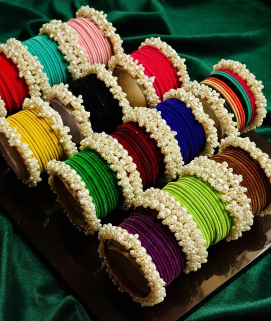 Beautiful bangles for girls. Velvet bangle with gajra pearl bangles. Beautiful simple set