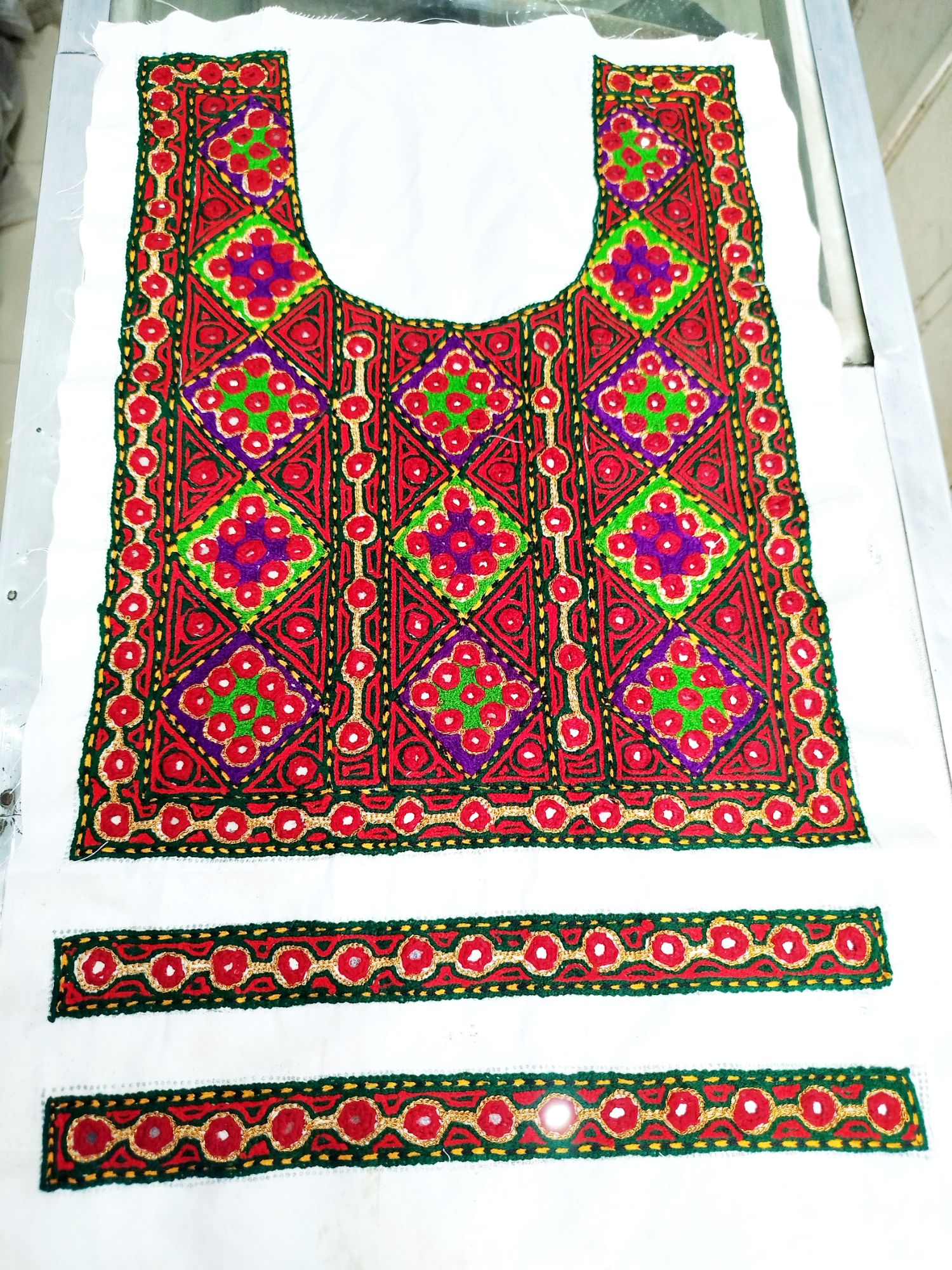 Sindhi & Balochi Embroidered Neck Gala Patch for Women & Girls | Handmade Multicolor Thread Embroidery with Mirror Work