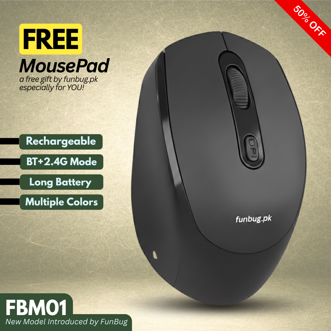 【Premium】 Rechargeable Dual Mode Wireless Mouse (Bluetooth + 2.4G) for Laptop, PC, Smart TV Gaming & Office ~ Ergonomic Lightweight Design Mice with Silent Click Buttons & 1600 DPI Control | FunBug