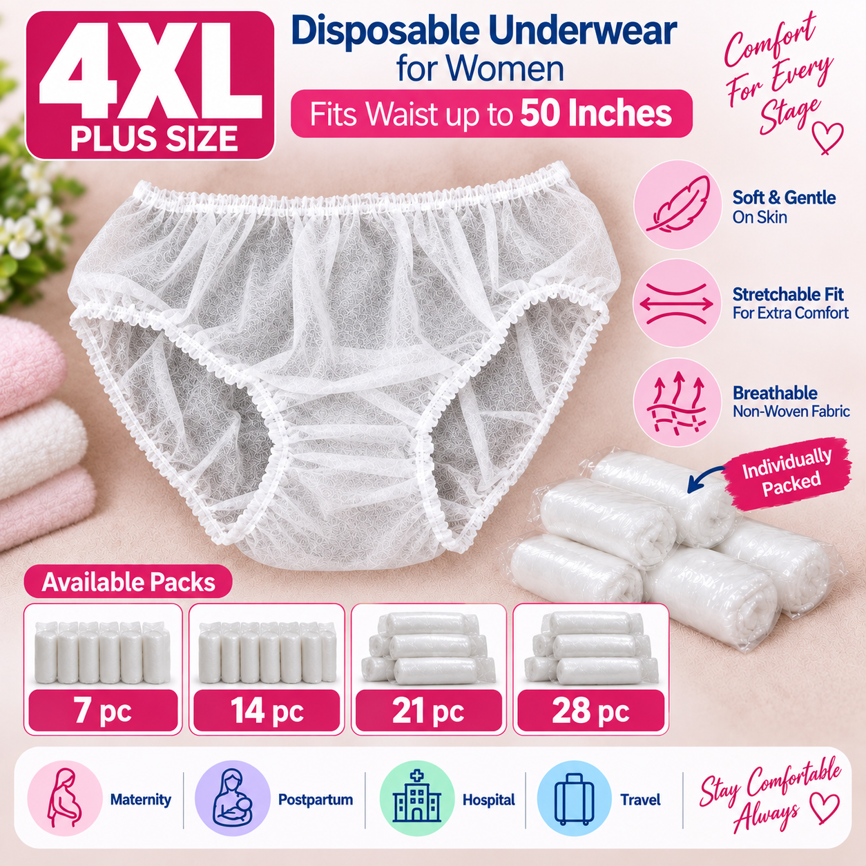 4XL Plus Size Women Disposable Underwear | Individually Packed Non-Woven Panties | Stretchable Waist Up to 50 Inches | Maternity, Postpartum, Hospital & Travel