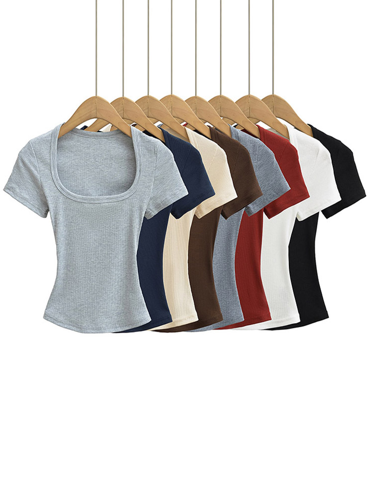 Women's Square Collar Slim Fit Crop Top High Stretch Short Sleeve Pullover  Summer Blouse T-shirt Bottoming