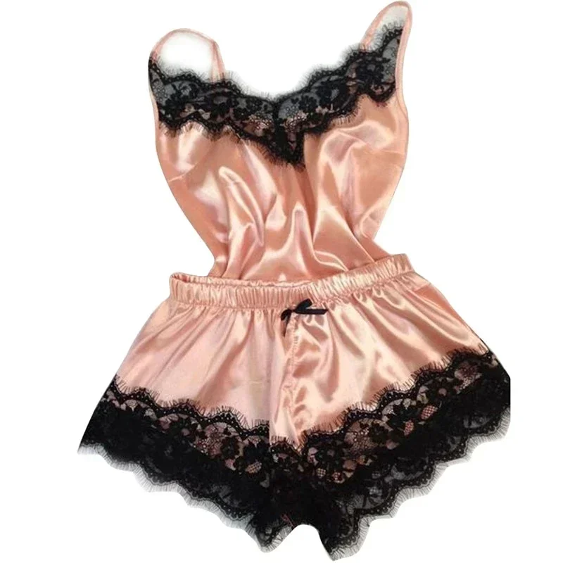 Summer Lace Silk Pajama Set for Women Sleepwear  Lingerie Cami Top and Shorts Sets Comfortable Casual Pijamas night dress for girls