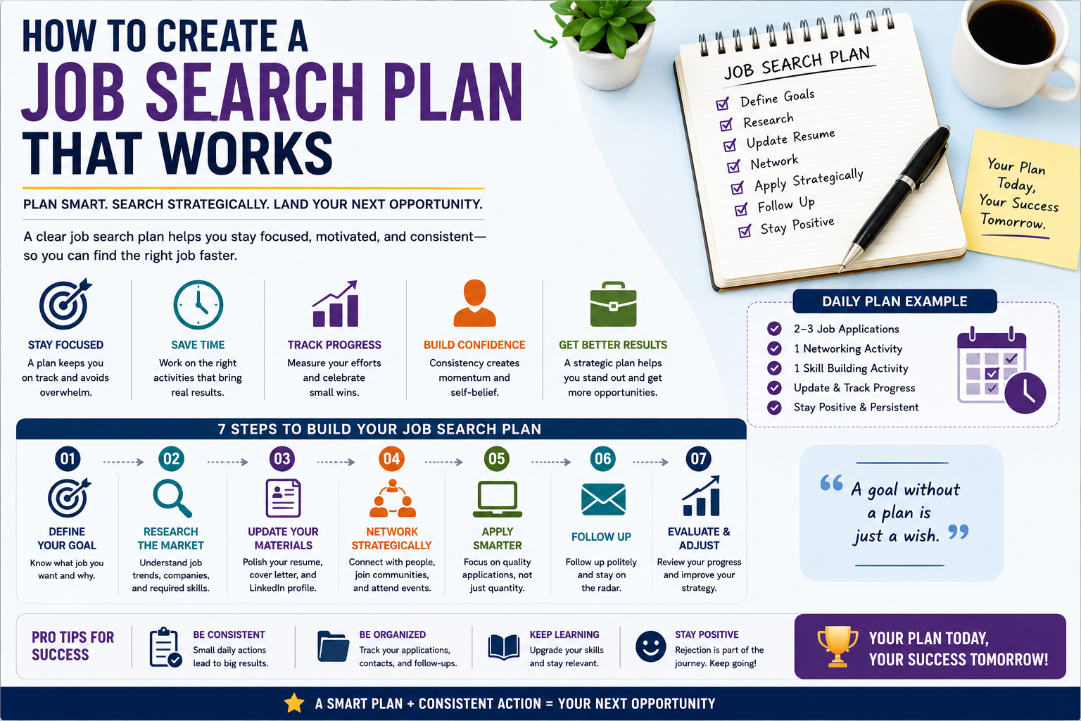 Job search plan with table layout – shows 7 steps: define goal, research market, update materials, network strategically, apply smarter, follow up, evaluate and adjust. Includes daily plan example and motivational quote.