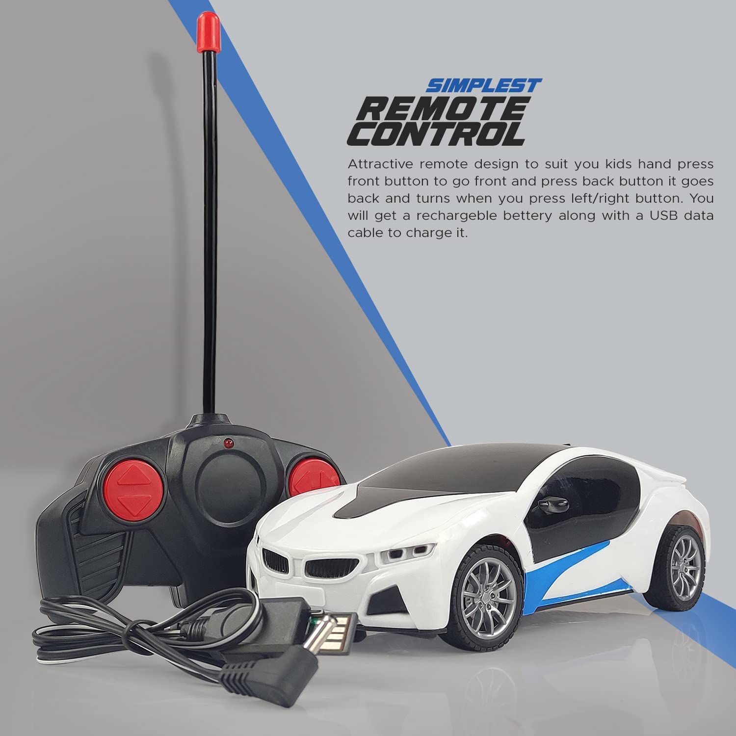 Remote Control Car Chargeable 3D Remote Control Lighting Famous Car Remote Car for Kids 4 Function Racing Car (3+ Years, White)