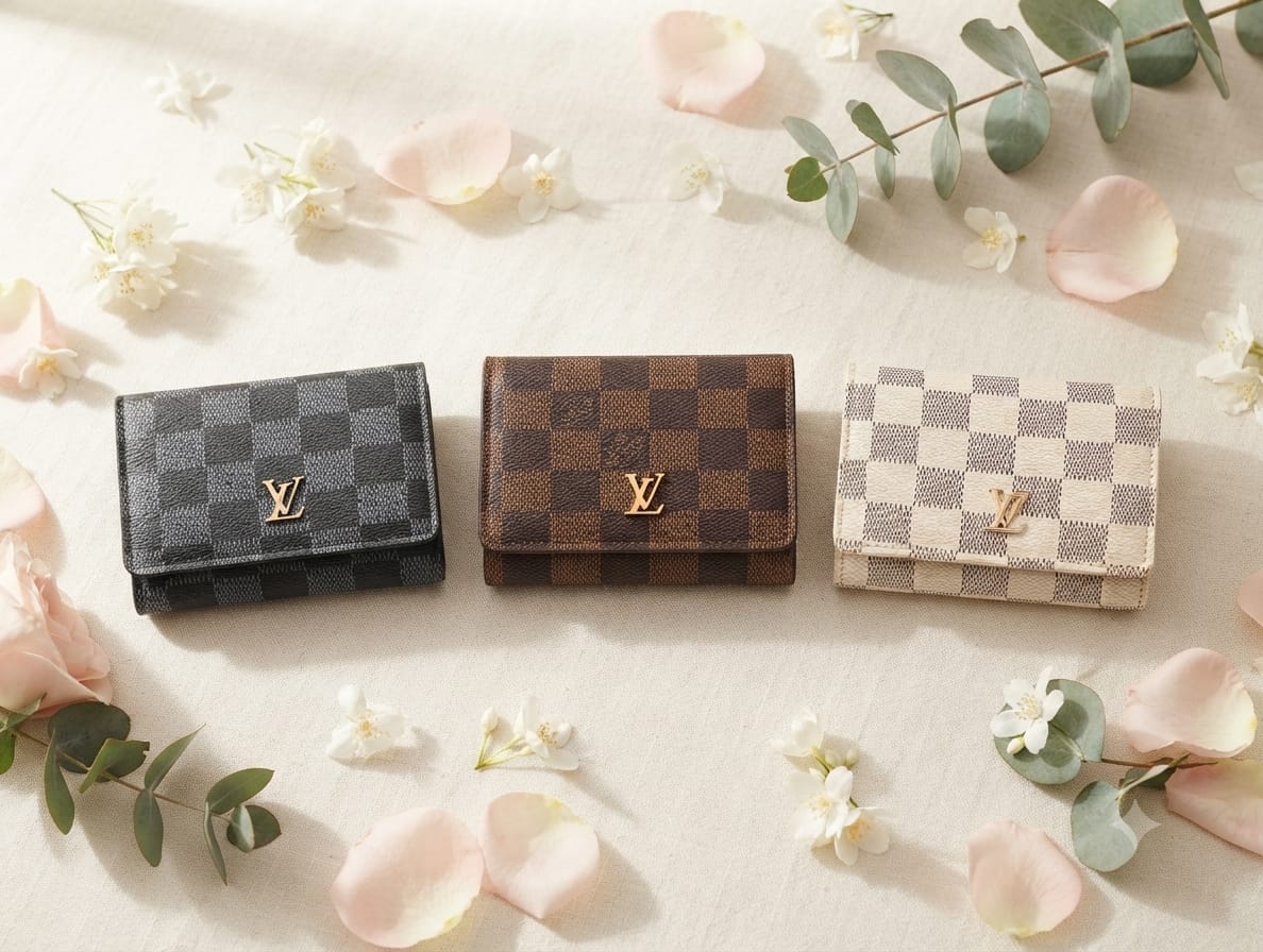 Premium Checkered Tri-fold Compact Wallet for Women - Stylish Small Flap Card Holder & Mini Purse