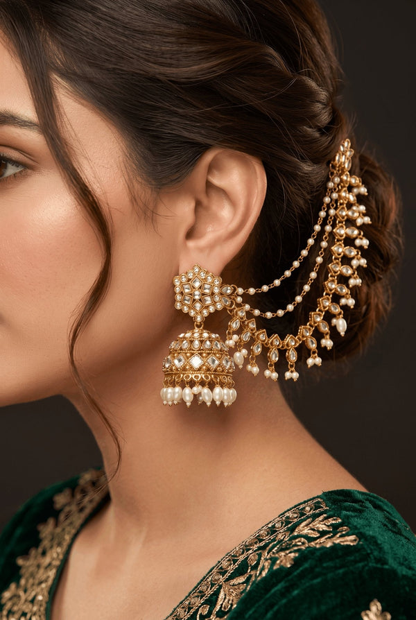 Women's Traditional Jhumar Chain Earrings | Bridal Pearl Hair Chain Jhumka | Wedding, Mehndi & Party Jewelry