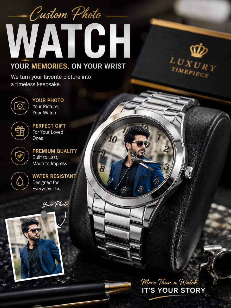 Custom Photo Watch for Men | Personalized Photo Wrist Watch | Stainless Steel Strap | Custom Picture Watch | Unique Gift for Men