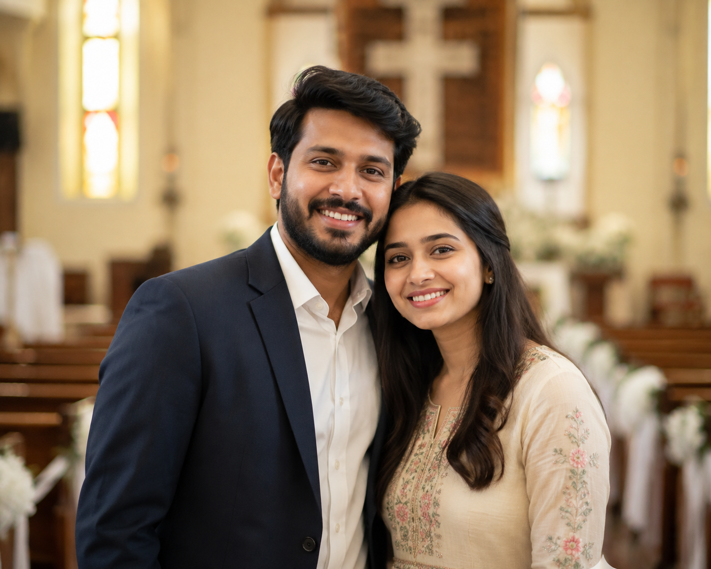 Happy Christian couple celebrating their matrimonial match with MatchFusion Matrimony - Trusted marriage services for all Christian communities worldwide