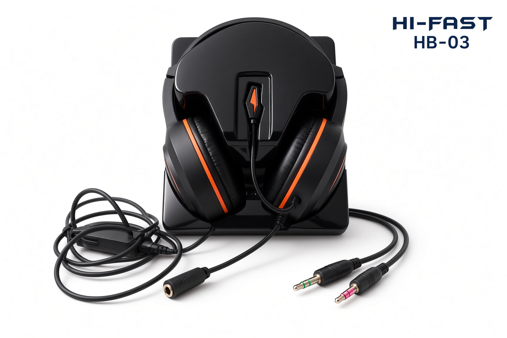 HI-FAST HB-03 Gaming Headphone Extra Bass Wired Headset with Mic | 3.5mm Dual Splitter for PC PS4 Xbox Laptop Mobile | Black Orange Over Ear Headphones with Stand