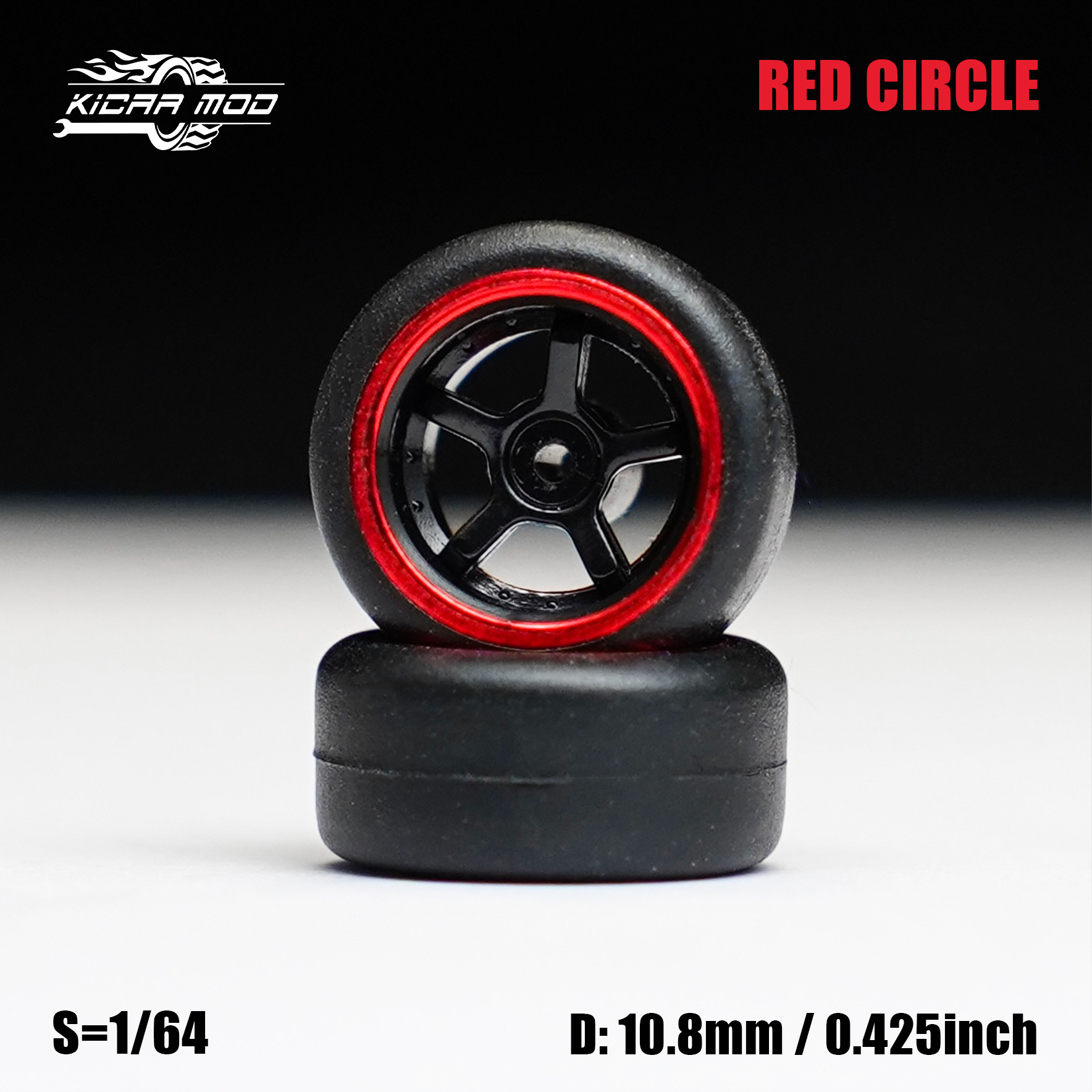 1/64 Model Car Black Red Circle Wheels with Fixed  Tires Comes with Rivets for Diecast Model Refitting Parts 4pcs 1set