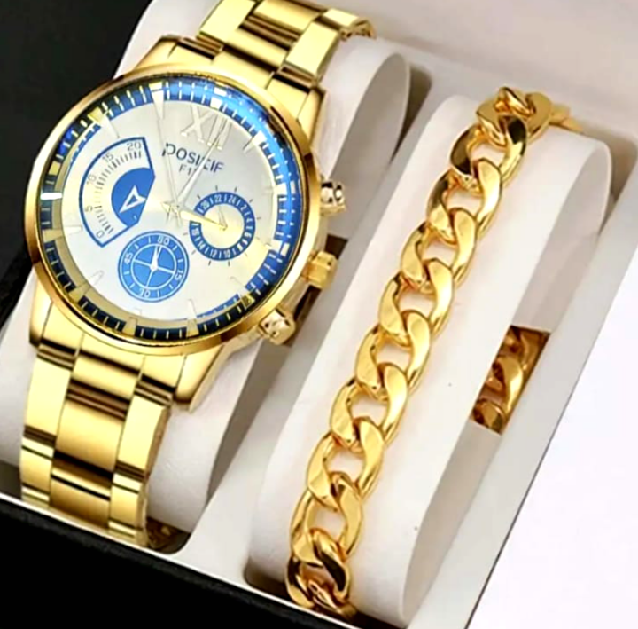 Pack Of 2 Top Fashion Men's Luxury Watches Deal   -Elegant Mens Casual Watch +Chain Braclate For Men -High Quality Business Watch  In  Random dial Design