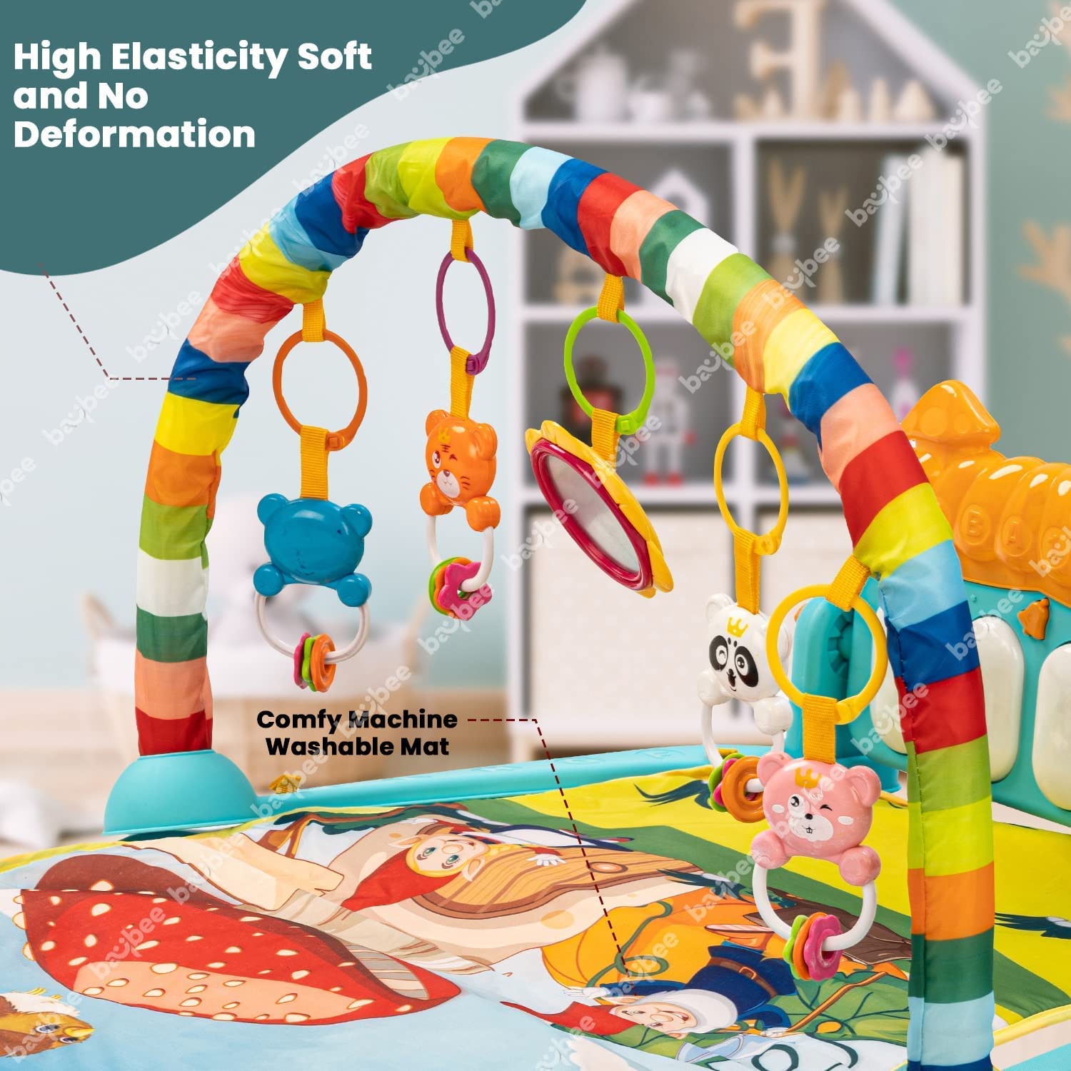 Baybee Piano Baby Play Gym Mat for Babies, Activity Playgym for Baby with Rotatable Piano & 5 Hanging Toys  Baby Bedding Set Crawling Mat  Baby Play Gym for 0 to 12 Months Boy Girl,Multicolor