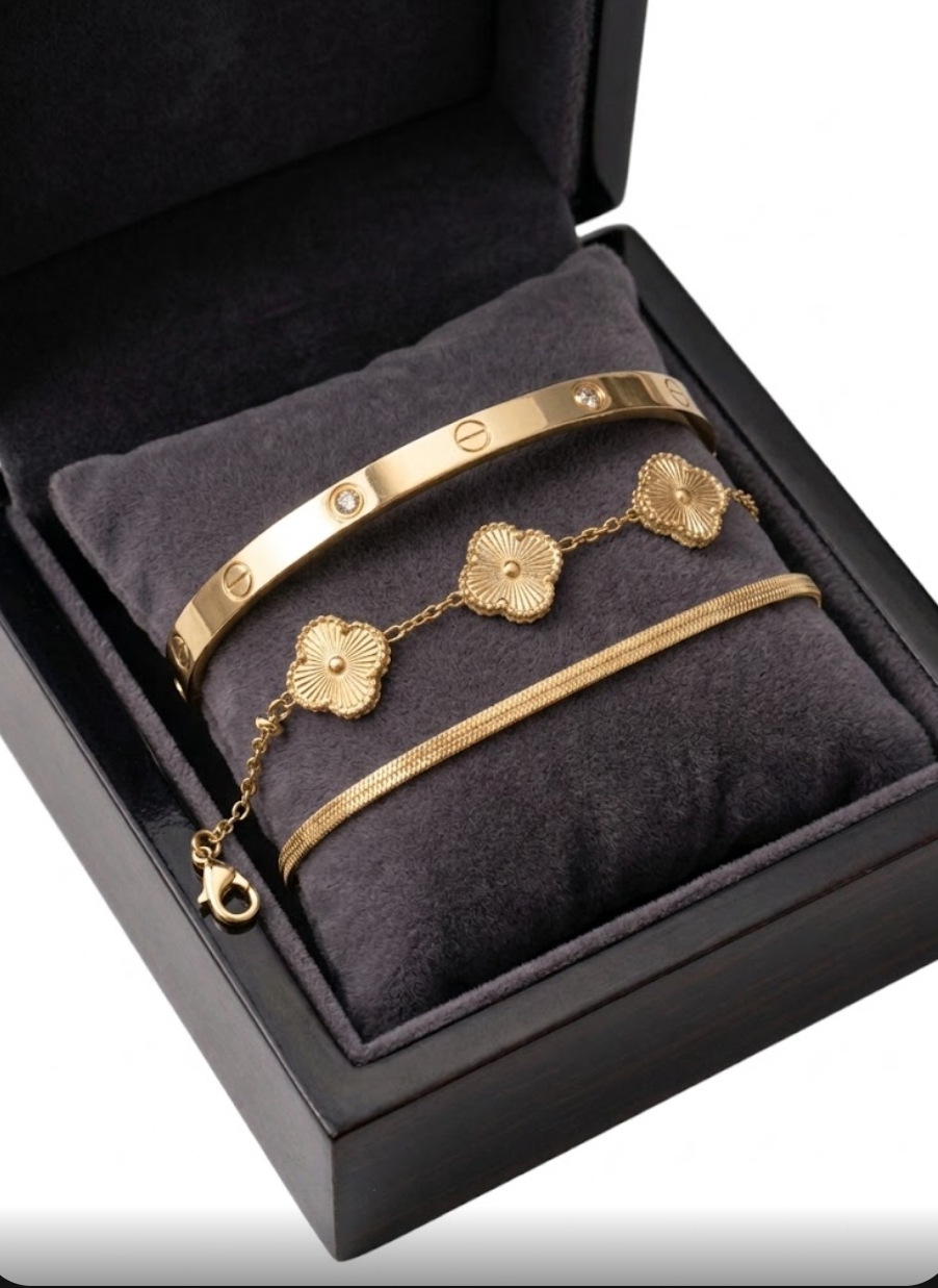 3 Pcs Stainless Steel Bracelet Set for Women – Gold & Silver Variants – Adjustable Chain, Flower Design & Crystal Bangle
