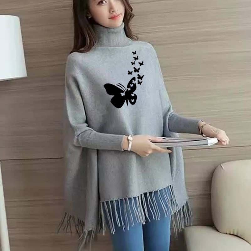 Butterfly Printed Bat Wing Style Winter Poncho For Women
