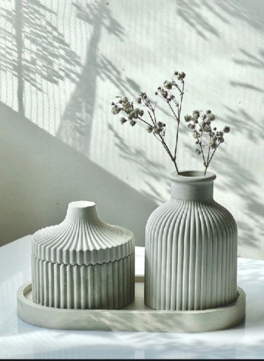 3 Pcs Set of Home Decor  1x Ribbed Concrete Mini Flower Vase, 1x Ribbed Concrete Trinket Jewellery Storage Box & 1x Oval Shaped Concrete Trinket Tray  Storage & Organisation  Decorative Accents  Jewellery Armoires & Boxes  Gift Sets