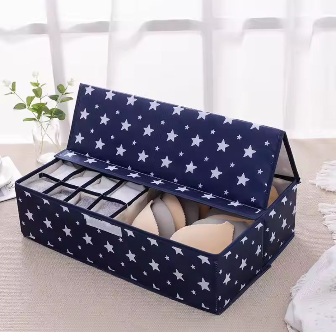 Foldable Star Print Bra Organizer Box – Multi-Compartment Underwear & Socks Storage Box