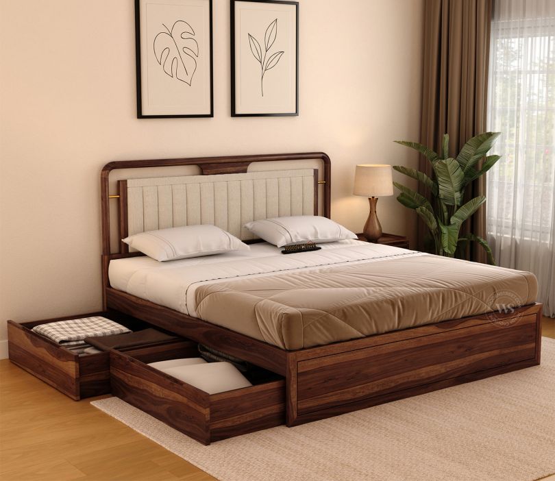 Sheesham Wood Bed with Upholstered Headboard & One Side  Drawer Storage (King Size, Jade Ivory, Teak Finish)