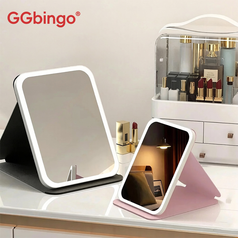 GGbingo USB Rechargeable 3 Colors LED Makeup Mirror Pocket Mirror Touch Dimmable 3 Brightness Foldable for Travel Office Home