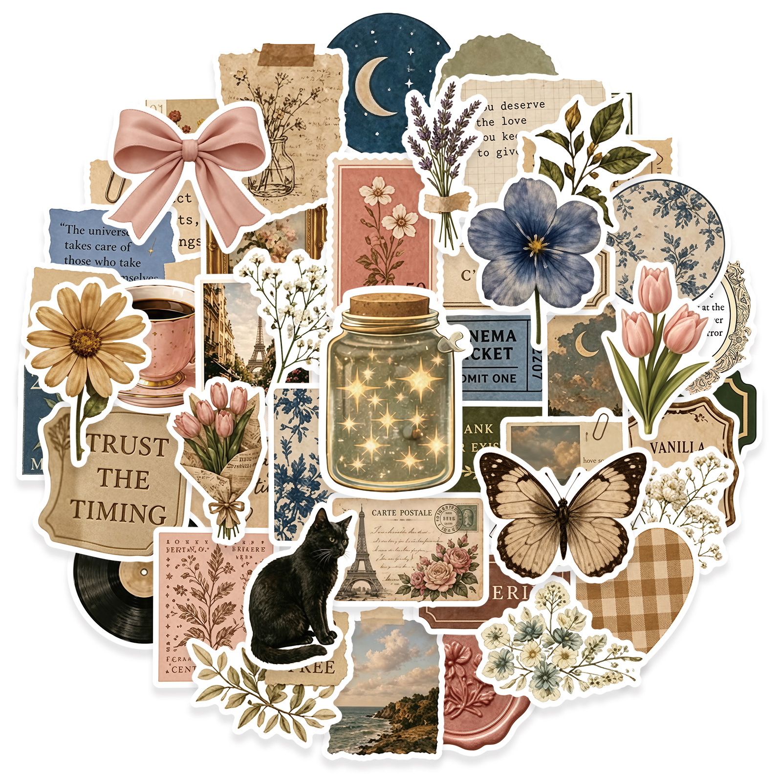 50Pcs Cute Vintage Aesthetic Stickers Nostalgic Floral Decals DIY Laptop Phone Fridge Scrapbook Diary Decoration Sticker