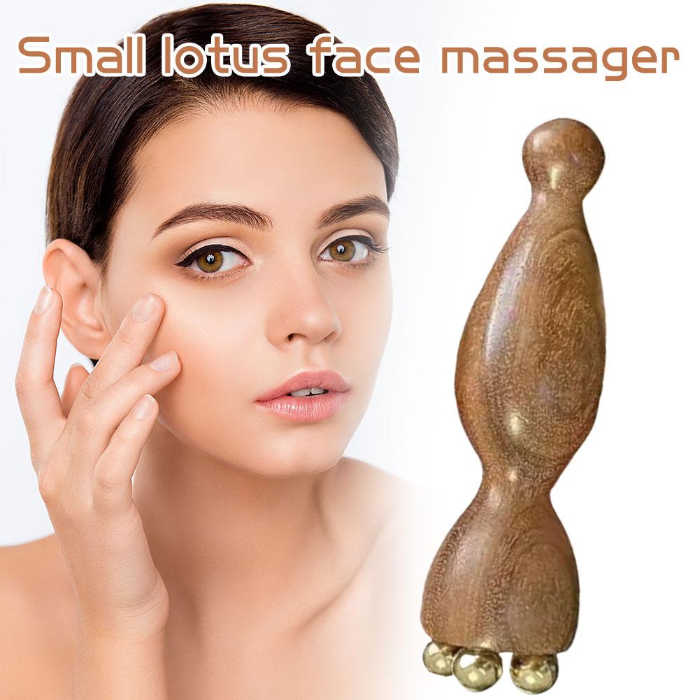 Small Lotus Face Massager Brass Bead Facial Massager Beauty Eye Stretching Rod Acupoint Natural Wood Skin Care Tool
