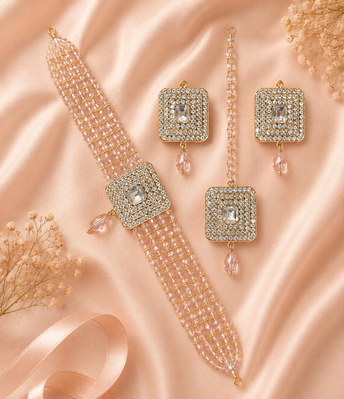 Zink Artificial Bridal Jewellery Set For Girls And Woman Article 64385 Luxury 5-Layer Crystal Choker Jewelry Set | Necklace, Earrings & Tikka