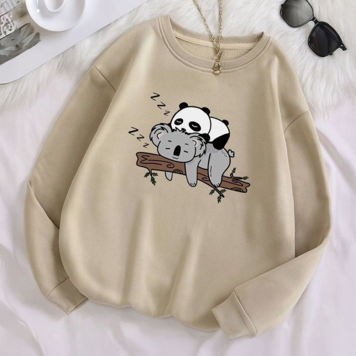 Full Sleeves Sweat Shirts for Girls and Women, Printed Round Neck Winters Wear, Beige, Available in Small to XXL