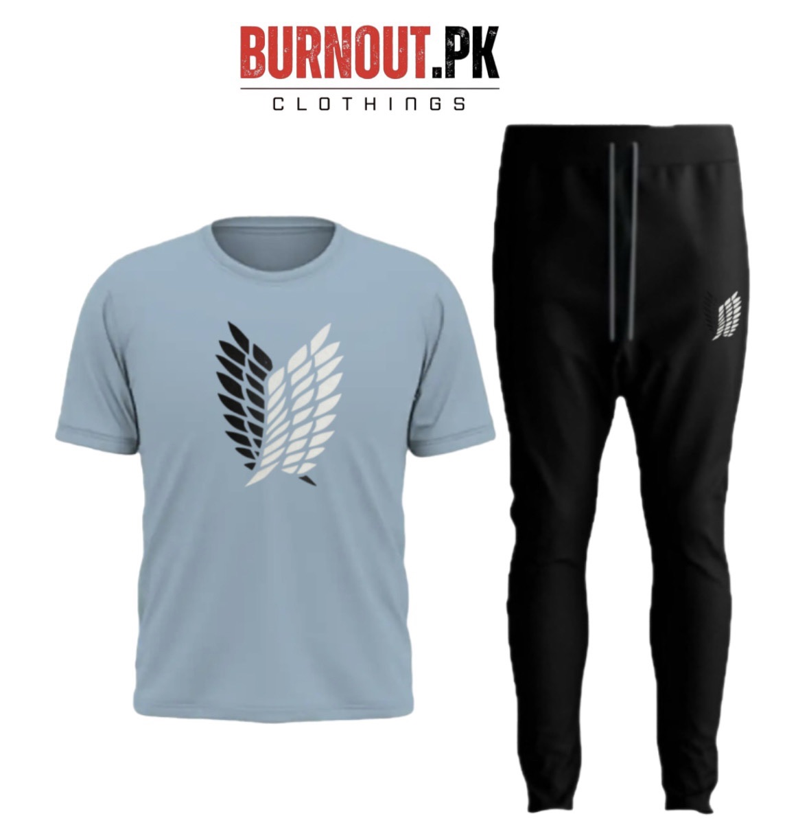 BURNOUT.PK NEW TRENDY SUMMER COLLECTION WINGS PRINTED TSHIRTS AND TROUSER TRACKSUIT FOR MENS AND WOMENS