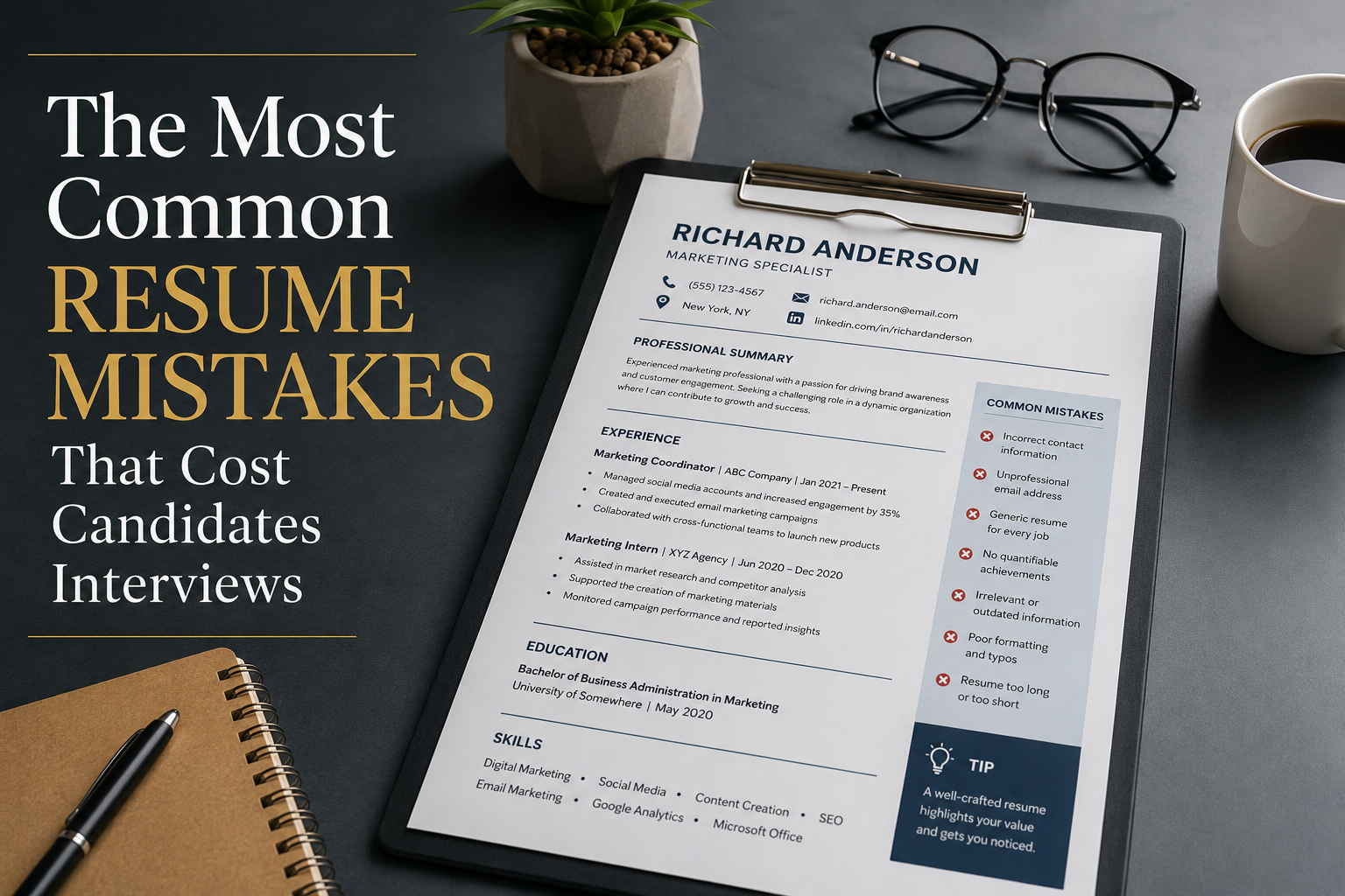 The Most Common Resume Mistakes That Cost Candidates Interviews – title banner with Richard Anderson example showing education and skills sections.