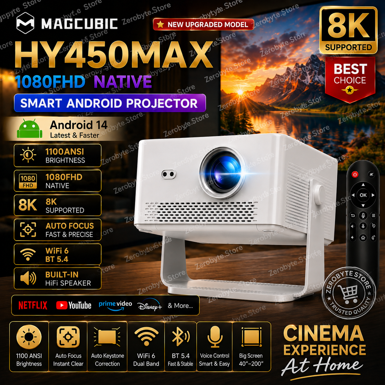 Magcubic HY450MAX 1100 Ansi LED Native 1080P Projector Android 14 Beam 8K Projectors Wifi6 BT5.4 Movie Home Theater Voice Control HY450