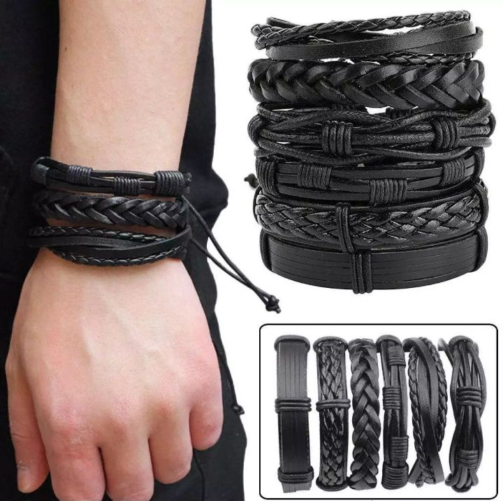 Pack Of 6 - Vintage European Premium Quality Leather Bracelets Black Colour Attractive Adjustable Size For Men And Boys