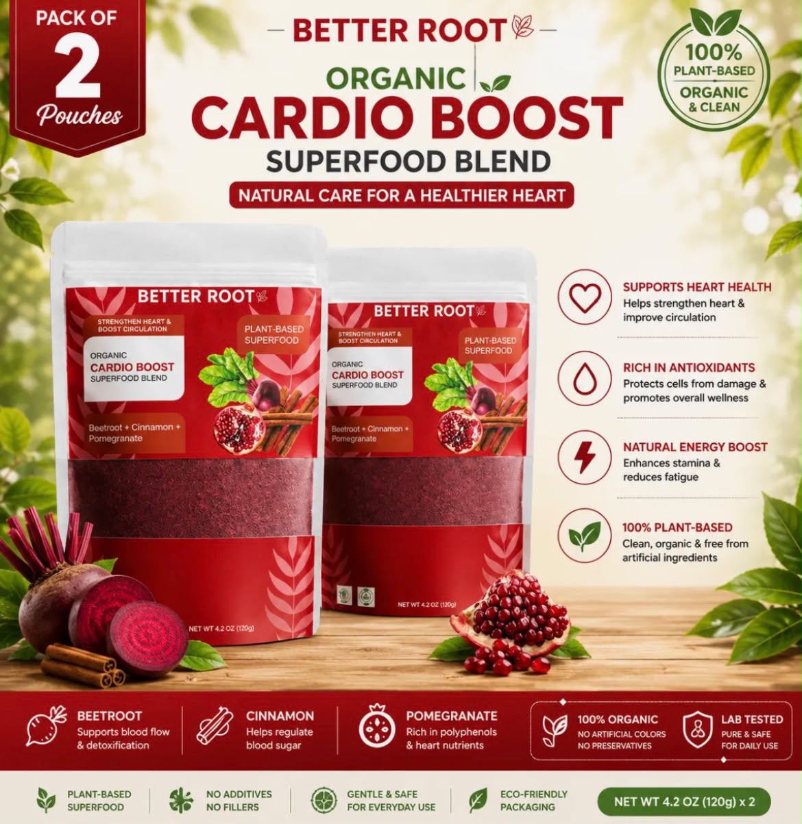 Better Root Organic Cardio Boost Superfood Blend Pack of 2 (120g x 2) | Beetroot + Cinnamon + Pomegranate I Heart Health, Energy Boost & Antioxidant Powder |Lab Tested |100% Plant-Based