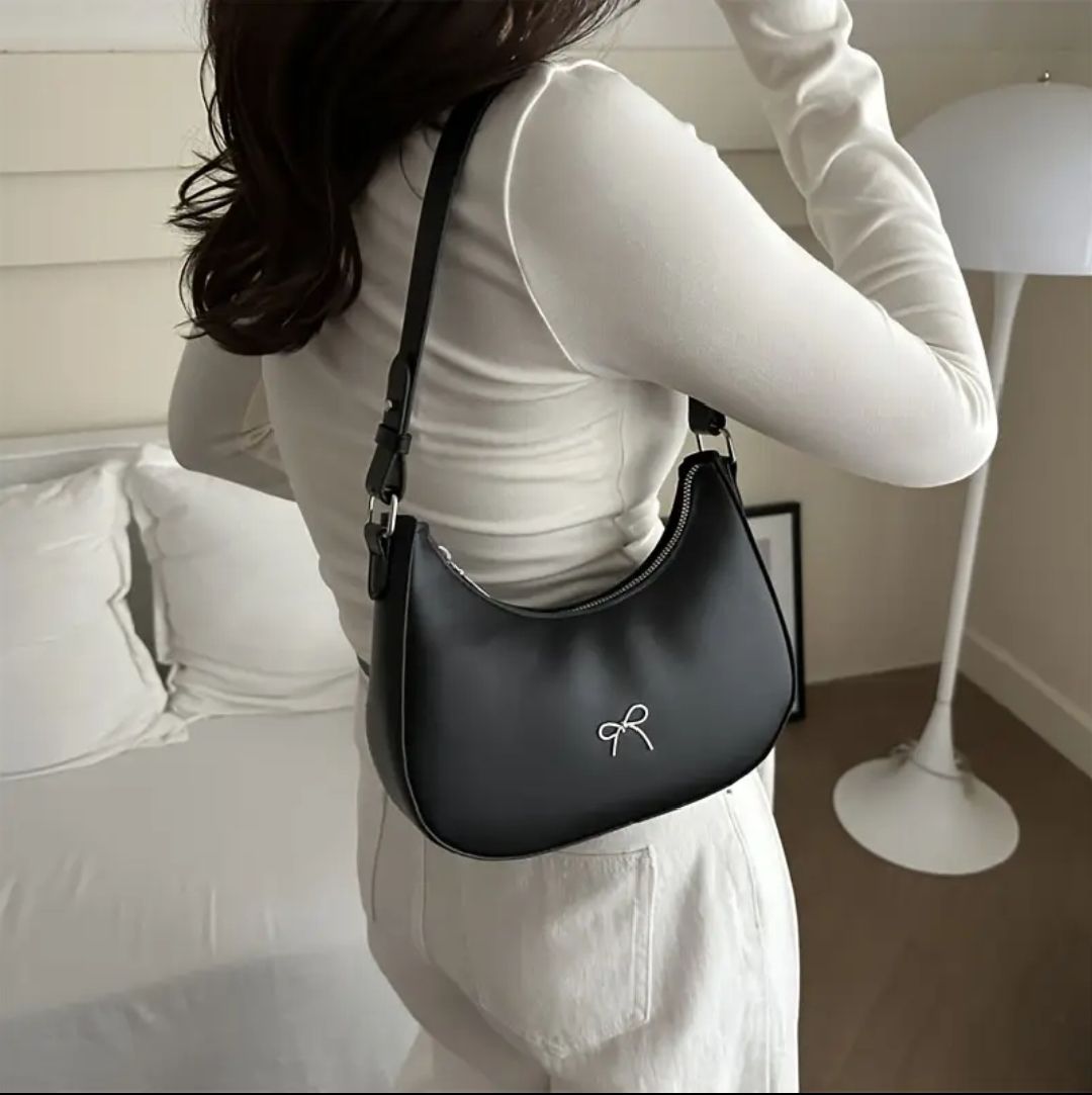 Women's Luxury Crescent Underarm Shoulder Bag  Cute Bow Leather Half Moon Purse & Handbag for Girls