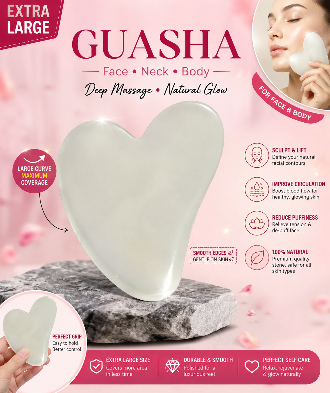 Extra Large Gua Sha Stone for Face, Neck & Body Massage – Natural Jade Massage Tool for Lymphatic Drainage, Face Lifting, Jawline Sculpting & Skin Care