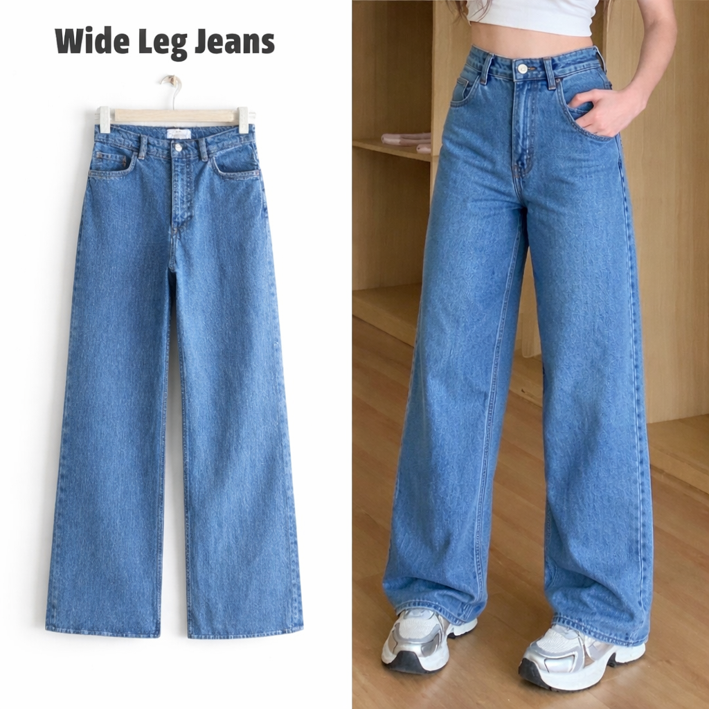 Mid Blue Wide Leg Jeans For Girls and  Women | High Waist Denim Baggy Trousers for Girls and Women| Loose Fit Vintage Style Pants