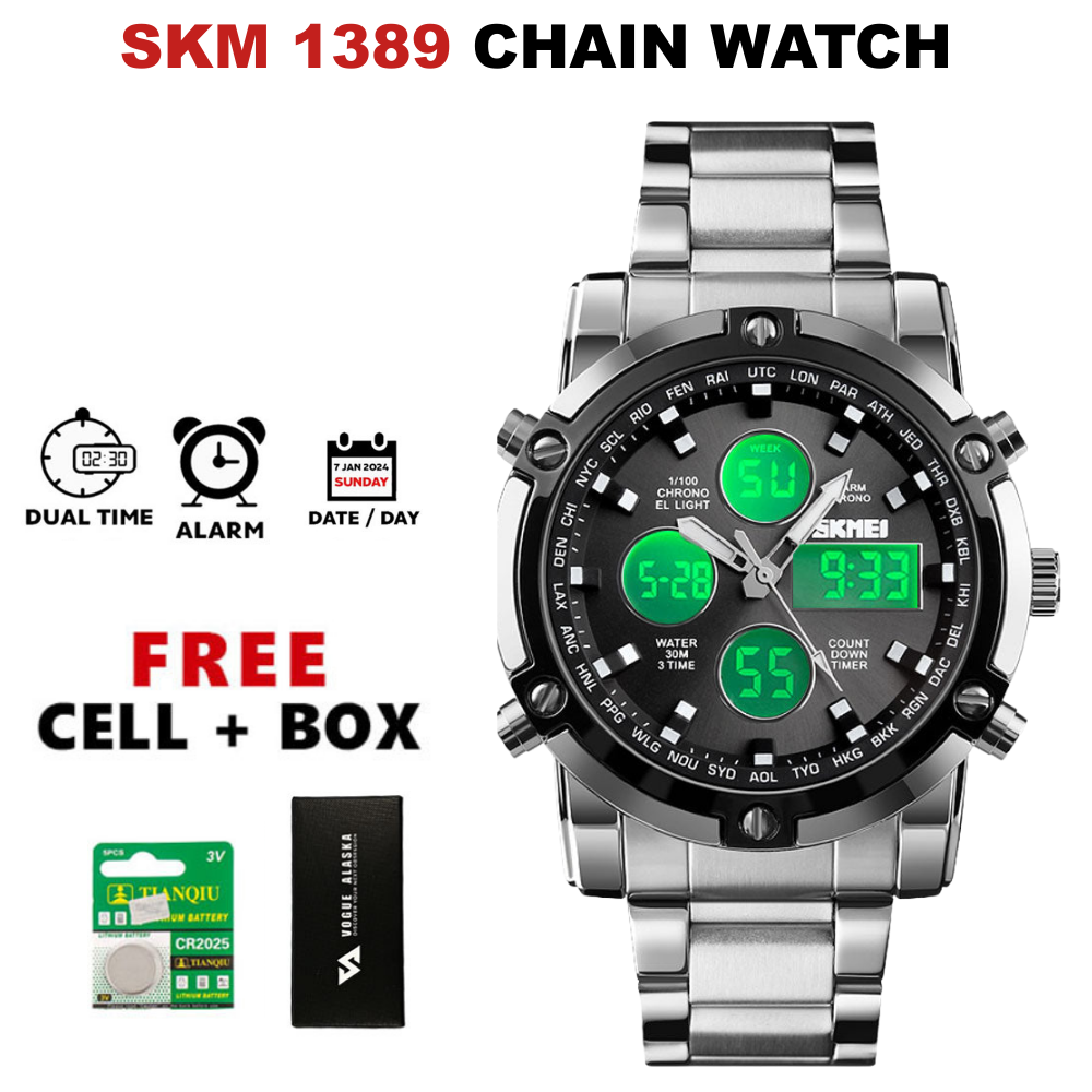 SMK 1389 Dual Time Analog and Digital Chain Watch for Men with Stainless Steel Case Date Day Alarm Stopwatch Luminous Hands LED Light and Waterproof Design