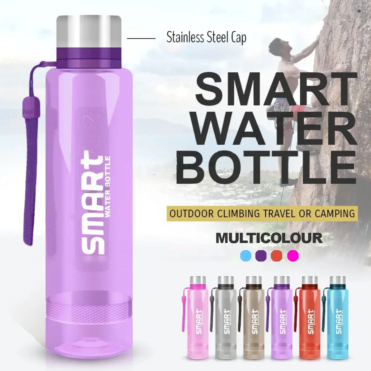 Smart Water Bottle Stainless Steel Cap  Leakproof BPA-Free Flask for Gym Outdoor Travel Camping Hiking Sports Office School Fitness Hydration Lightweight Durable Eco-Friendly Stylish Portable Reusable Unisex Multi-Color