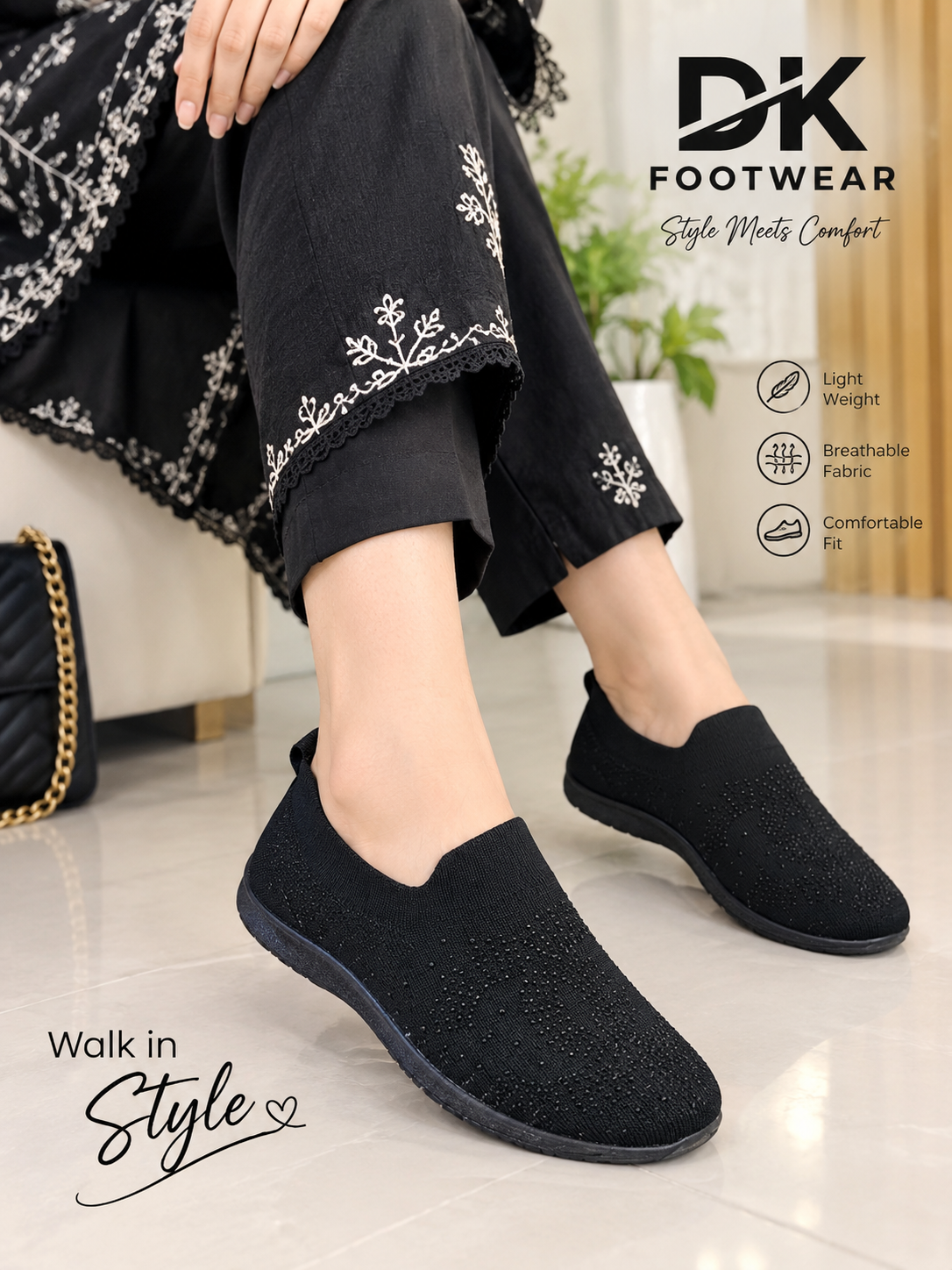 DK Footwear Women's Black Breathable Mesh Slip-On Shoes / Sneakers - Light Weight & Comfortable Fit