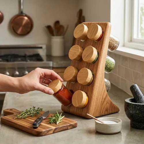 Wooden Spice Storage Rack | Kitchen Spice Organizer | Masala Jar Storage Stand | Countertop Spice Rack