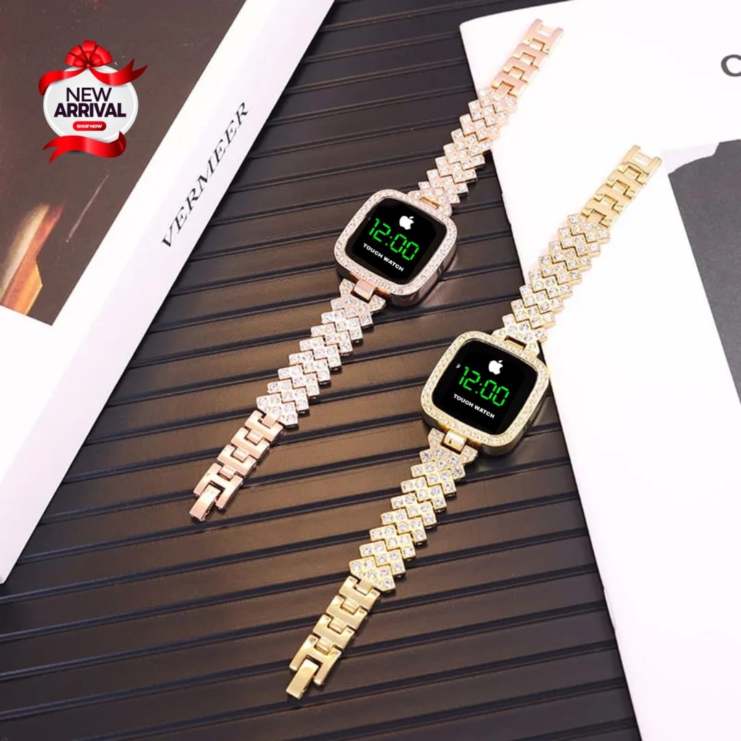 HOT DEAL NO 1 Full Diamond Touch Screen LED Watch Steel Chain with Diamonds Ladies Watches For Female Women Girl