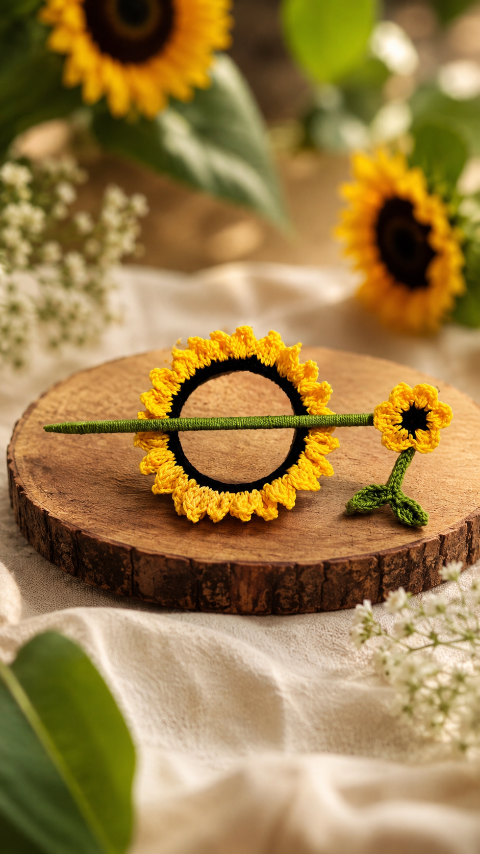 Crochet Sunflower Hair Stick Bun Pin Floral Hair Accessory