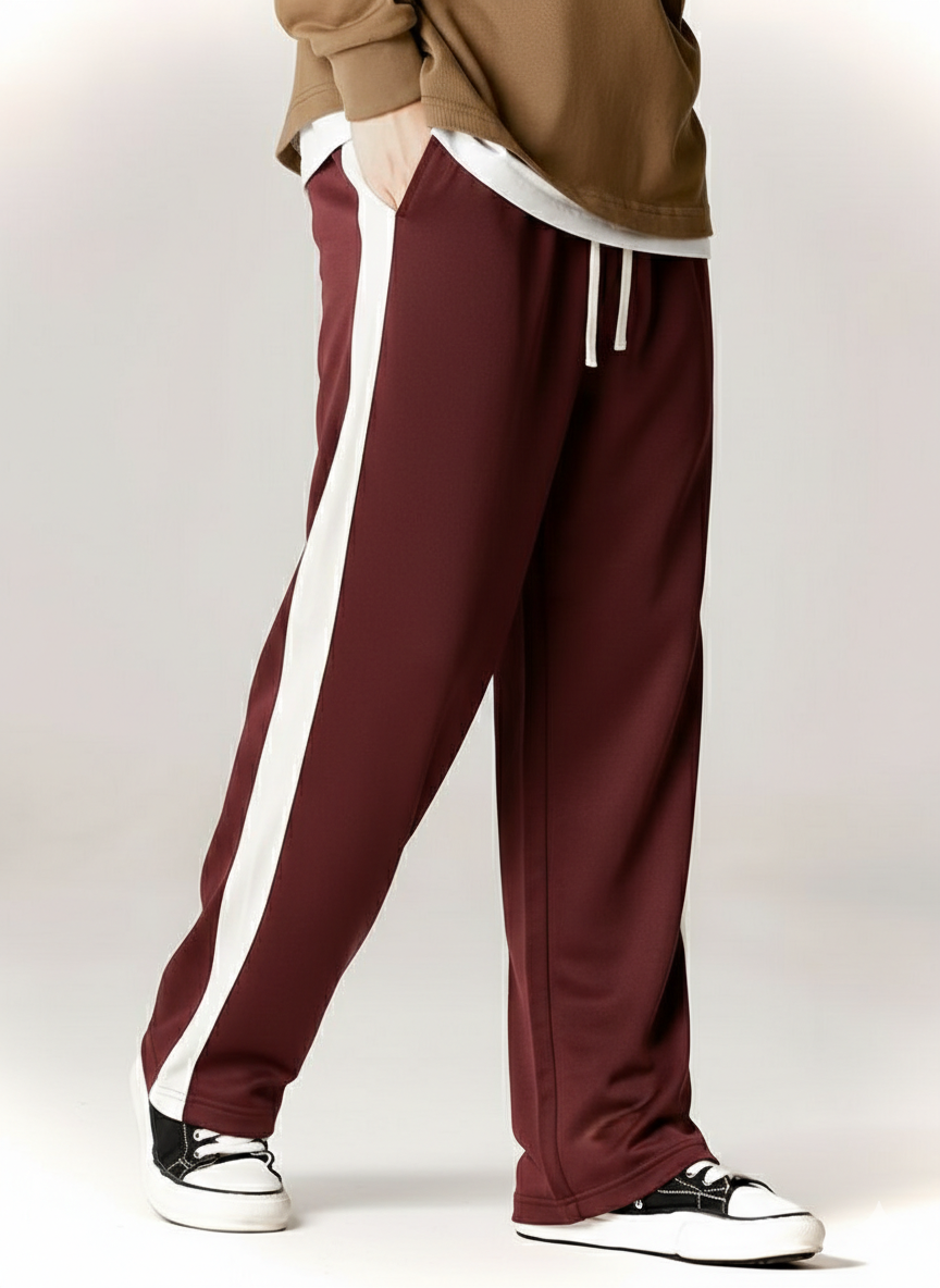 Men's Maroon Wide Leg Trouser with White Side Stripe