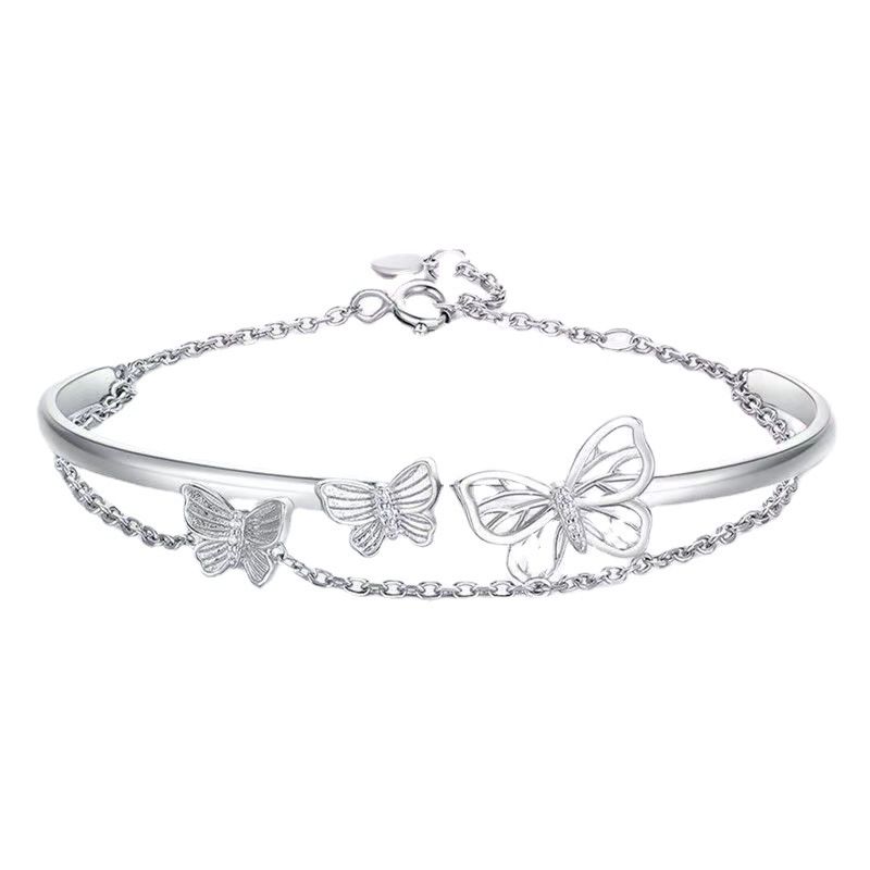 New Fashion Butter flies Design silver color 2 layers chain with bangles bracelet