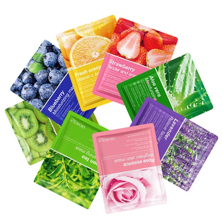 BIOAQUA Fruit Extract Facial Sheet Mask Moisturizing Brightening Hydrating Face Mask Set with Blueberry Green Tea Orange Strawberry Kiwi (Pack of 5)(Random)